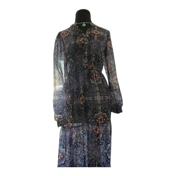 Xhilaration Dark Boho Sheer Maxi Dress Size SM Tiered Floral Whimsigoth Romantic - Picture 5 of 15